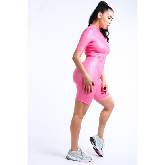 Women's Casual Short Sleeve Solid Stretch Satin Pu Zipper Biker Bodycon Romper - Picture 5 of 11